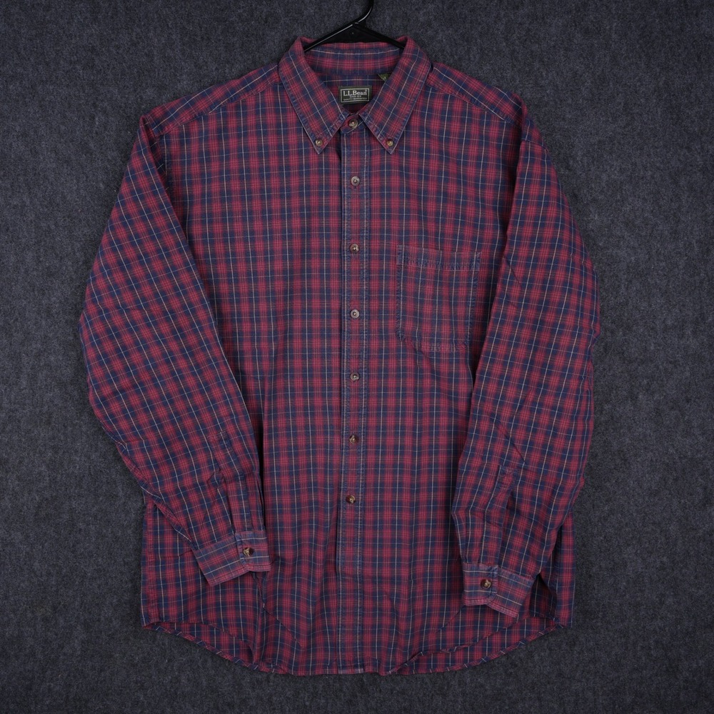 Vintage L.L. Bean Plaid Button Down Shirt Mens Large Red Navy Excellent Faded